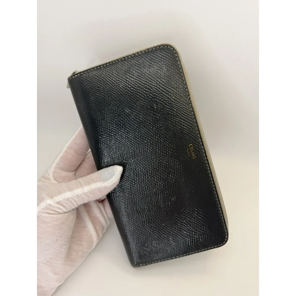 CELINE Logo PVC Leather Zip Around Long Wallet Gray Authentic Designer/132